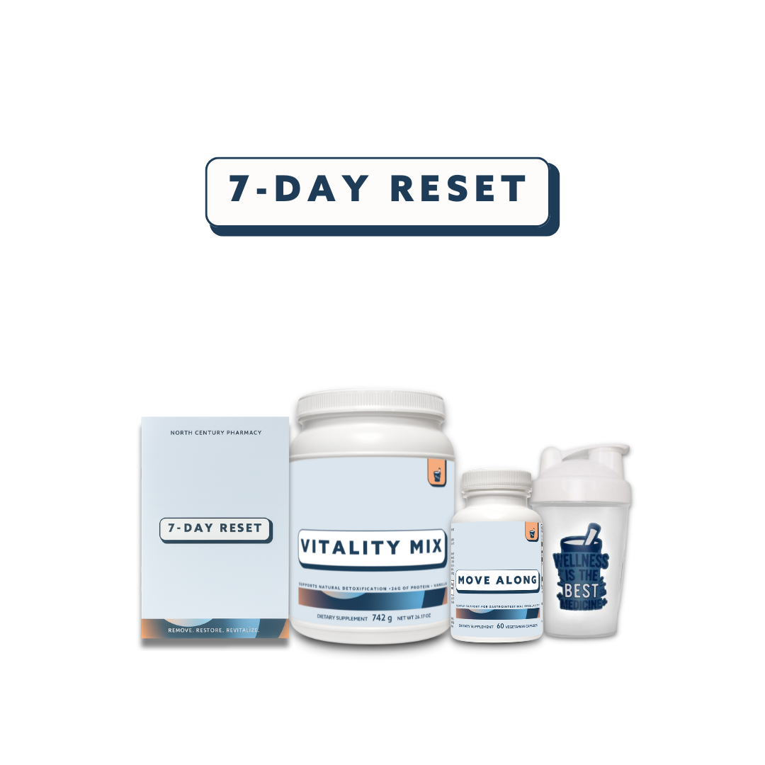 Assorted health products including a box, containers, and a shaker bottle on a white background with '7-Day Reset' text.