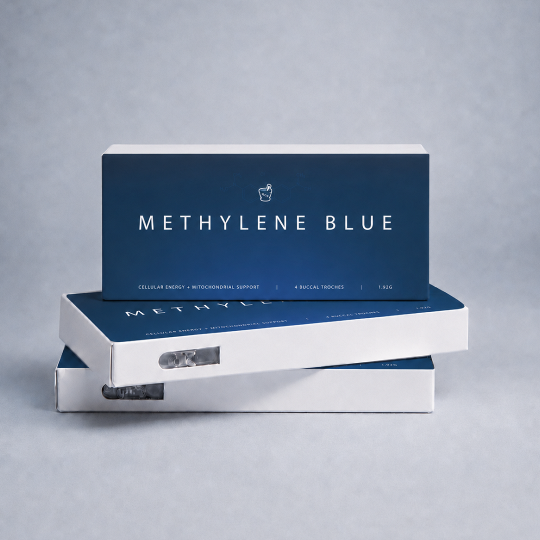 Three boxes of North Century Pharmacy Methylene Blue on a gray background