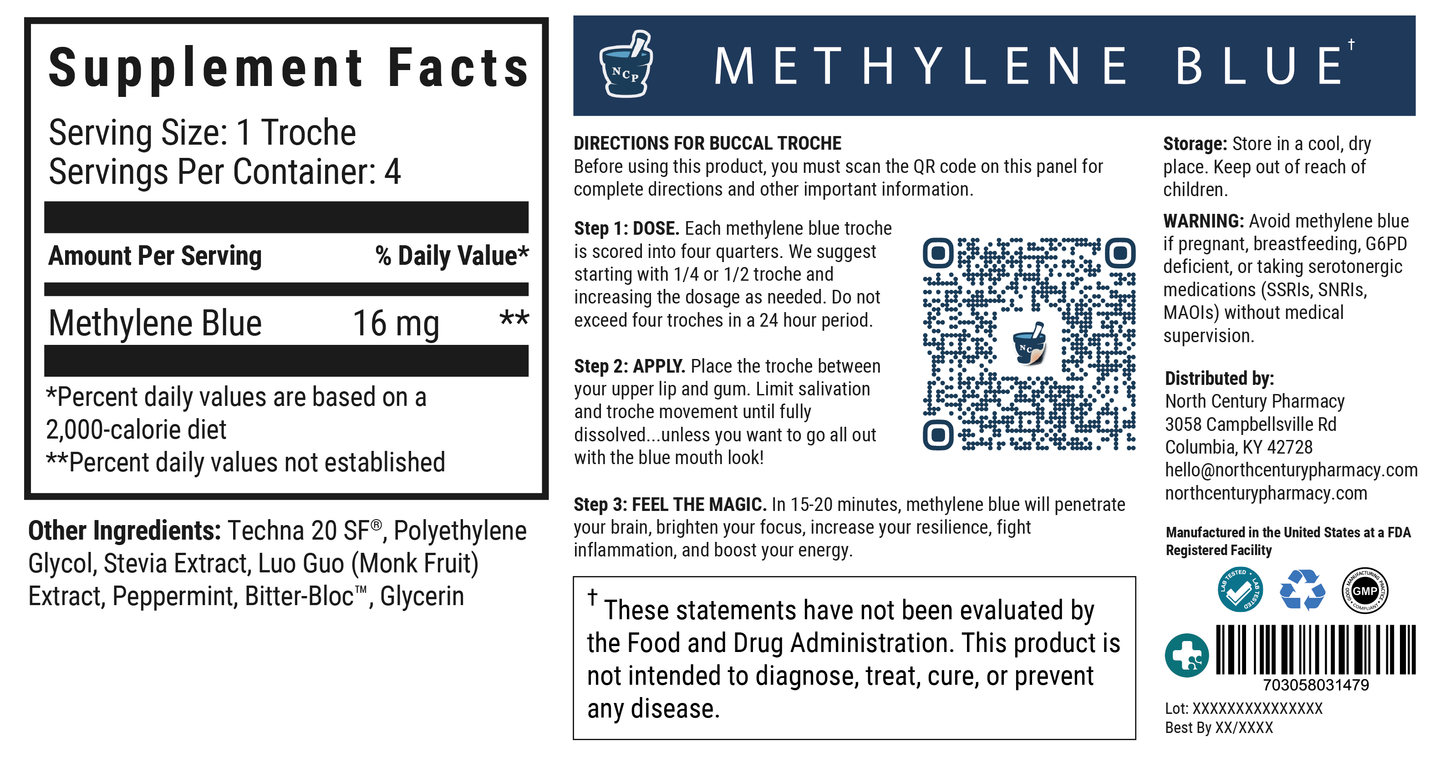 Supplement label for North Century Pharmacy Methylene Blue with directions and ingredients listed.