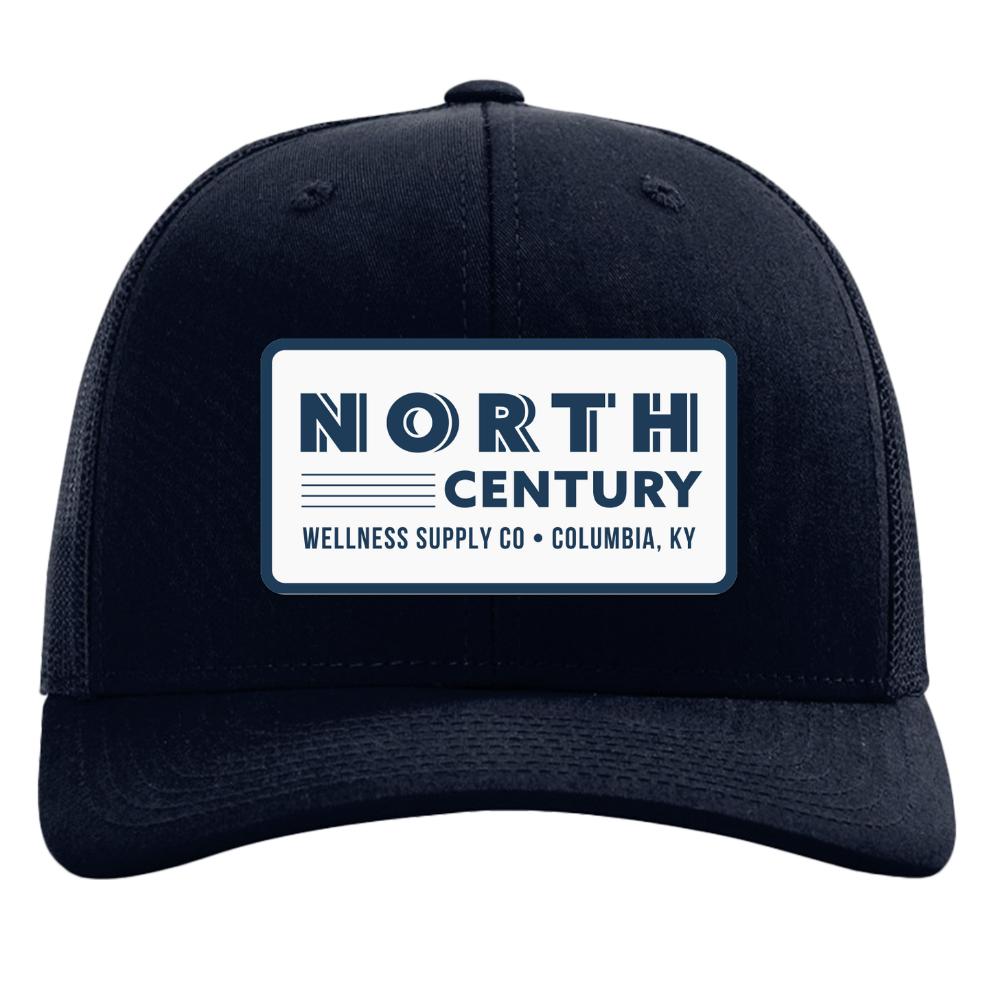 Black cap with North Century Wellness Supply Co logo on a white background