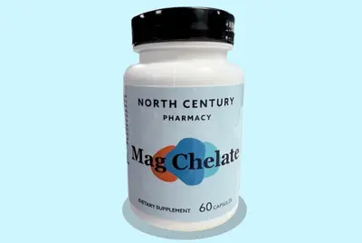chelated magnesium capsules in a north century pharmacy container